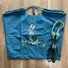 SUPER HAKKA 花ウサギ 刺繍 エコバッグ ストラップ付【Ｌ】ブルー系