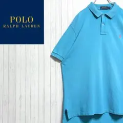 希少XL】ラルフローレン 半袖 ポロシャツ ブルー レッドワンポイント