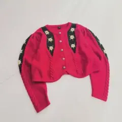 ヴィンテージ デイジー刺繍 チロリアンカーディガン メリノウール 赤　S2