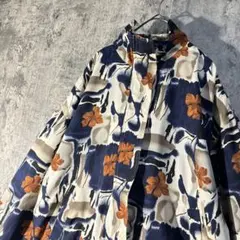 【フラワー柄 ナイロンジャンパー】薄手 白×茶色×紺 S〜 ブルゾン 総柄