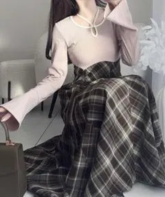 【mily bilet】カットソードッキングチェックワンピース