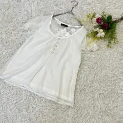 〝ミッシュマッシュ〟ホワイト　半袖　ブラウス　刺繍ドット　レース　38サイズ