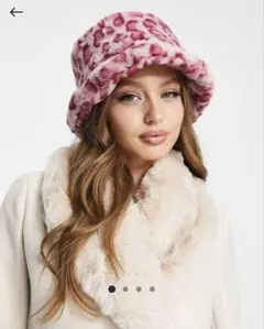 asos ピンク・レオパード柄 ファーバケットハット