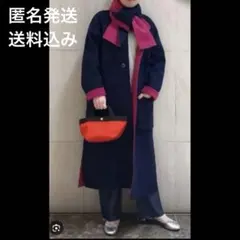 ウール　リバー　ロングコート ネイビー/ピンク　リバーシブル　マフラー　百名品