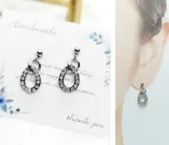 シルバーフープ×ラインストーンチャーム　ハンドメイドピアス・イヤリング
