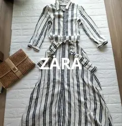 【ザラ】【ZARA】リネン混　ストライプマキシ丈ワンピース 長袖