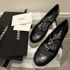 シャネル CHANEL メッシュ メリージェーン 黒 ココマーク 38.5 新品 