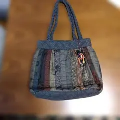 再々々々値下げします！大島紬 ハンドメイド パッチワーク手さげ くまさんチャーム