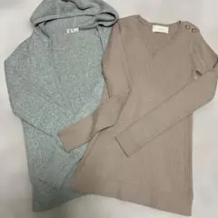 セール中ニットセットリブ編みピンク系ニットグレーUネックニットお買い得‼️