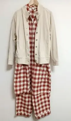 チェック柄長袖前開きマタニティパジャマ上下カーディガンセット＊授乳パジャマM