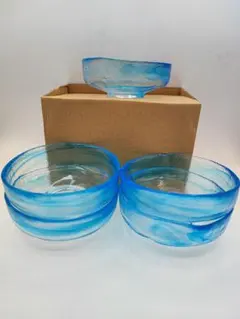 d527【新品・未使用】ガラス数茶碗 馬盥 流水 青 10客 広畑久仁彦 紙箱