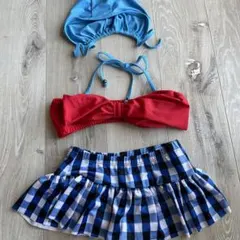 ビキニ　130〜140cm 赤　青チェック　スカート　帽子