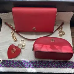 トリーバーチ　レッド ショルダーバッグ チェーンストラップ付き