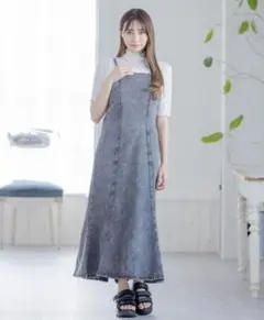 美品 S Clear バックリボン デニムジャンパースカート キャミワンピ