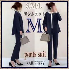 新品 ノーカラースーツ パンツスーツ フォーマルスーツ ネイビー セット M