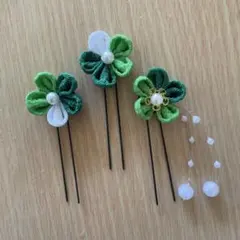 つまみ細工髪飾りUピン 3本緑　七五三　成人式　浴衣　和装