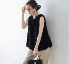 AMELY フリンジフェザーノースリーブ　黒