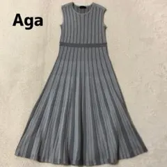 Aga　プリーツストライプニットワンピース　ノースリーブ　リブニット