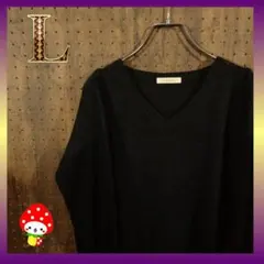 ニット セーター Vネック袖切り替え生地 ブラック L 七分袖 ウール アルパカ