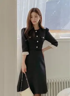 ディーホリック　パール調ボタンプリーツ7分袖ツイードAラインワンピース　膝丈