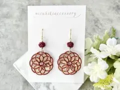 水引ピアス　曼荼羅結び　海老茶×ゴールド