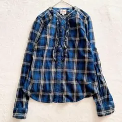 ユニクロ×フランネル 長袖チェックシャツ ノーカラー フリル M