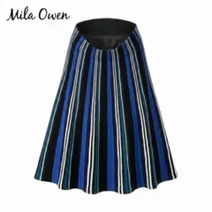 【美品】ミラオーウェン 立体ニット フレアストレッチスカート マルチストライプ