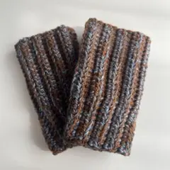 ハンドメイド かぎ針編み ハンドウォーマー ブラウン×ブルー
