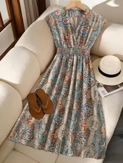 ロングワンピース　M　ペイズリー　エスニック　エレガント　マキシ丈　ノースリーブ