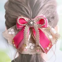 ピンク　ゴールド　プリンセスドレス　リボンバレッタ　レースバレッタ　ヘアクリップ