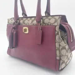 COACH トートバッグ　キャンバス　レザー　濃ピンク　ターンロック ロゴ金具