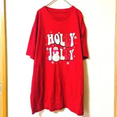 雪だるまプリント 半袖Tシャツ 赤 冬 クリスマス