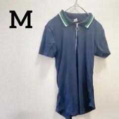 一点もの✨️【M】ネイビー ジッパーポロシャツ 半袖 おしゃれ 古着 シンプル