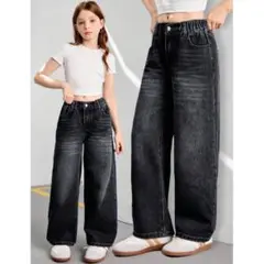 SHEIN ティーンガールズ ワイドレッグジーンズ ストレート デニムパンツ 黒