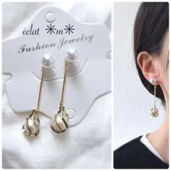 ゴールド雫パール×パール　2wayピアス