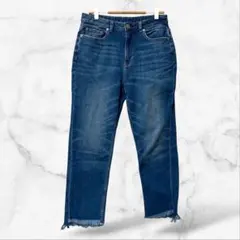 【ジーユー】ハイウエストストレートジーンズ デニム L カットオフ ダメージ加工