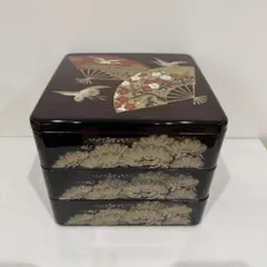三段重箱 漆塗り　和柄 扇 鶴 松 黒　和食器