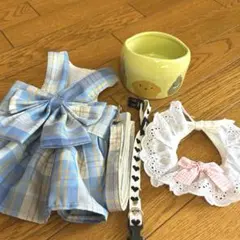 まとめ売り　うさぎ用　かじり傷あり チェック柄ドレスと食器セット