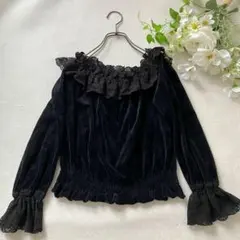 イマージュ ベロアカットソー M 総レース フリル オフショルダー 黒のサムネイル