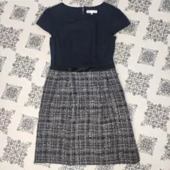 新品未使用　クミキョク　半袖ワンピース　2　M　ウール／ツイード　紺／灰