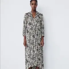 ZARA レーストリム付きプリント柄ワンピース