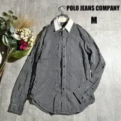 1027 ポロジーンズ　ストライプシャツ【M】ロールアップ　2way