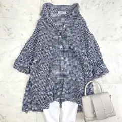 美品 レリアン Leilian 13号 ギンガムチェックシャツ シワ加工