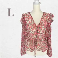 新品◆ASOS エソスセレクト ネオンローズ シフォン花柄ピンクトップスLサイズのサムネイル