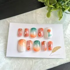 【現品限り】ネイルチップ｜ニュアンス デザイン｜オレンジ　グリーン｜ハンドメイド