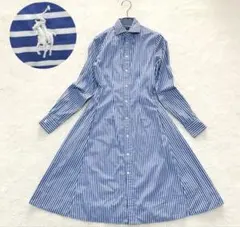 POLOラルフローレン シャツワンピース ストライプ ロゴ刺繍 青 白 S相当