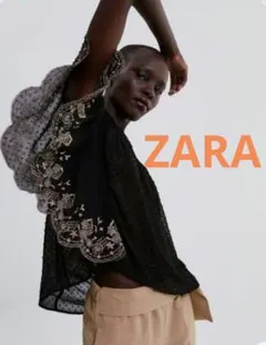 ZARA ザラ エスニック刺繍 シアーブラウス 黒 M フリルスリーブ 透け感のサムネイル
