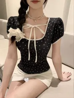 SHEIN ドット柄 リボン トップス