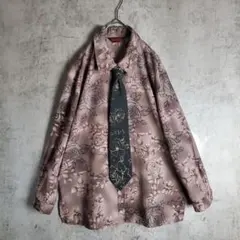 【ネクタイシャツ】古着 総柄 花柄 紫 黒 グレー レトロ