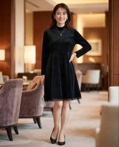 H86*組曲 クミキョク☆ワンピース☆黒☆LL☆レース☆ハイネック☆フレア☆長袖